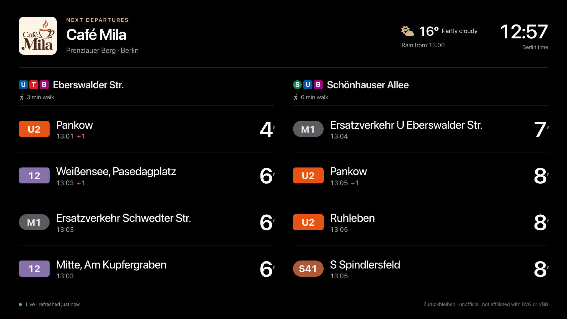 Café Mila’s example display with its logo, Berlin location, weather, walking times and departures from two nearby stops.
