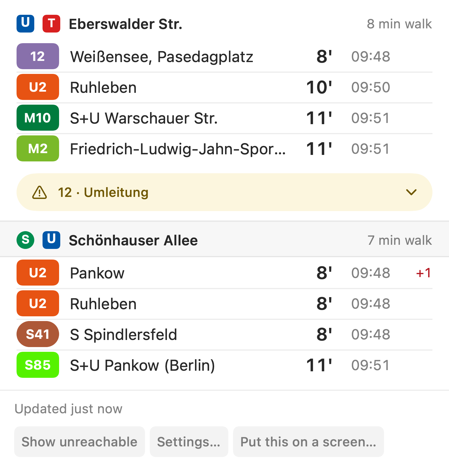 Mac departure board showing Eberswalder Str. and Schönhauser Allee, with walking times, destinations and countdowns.