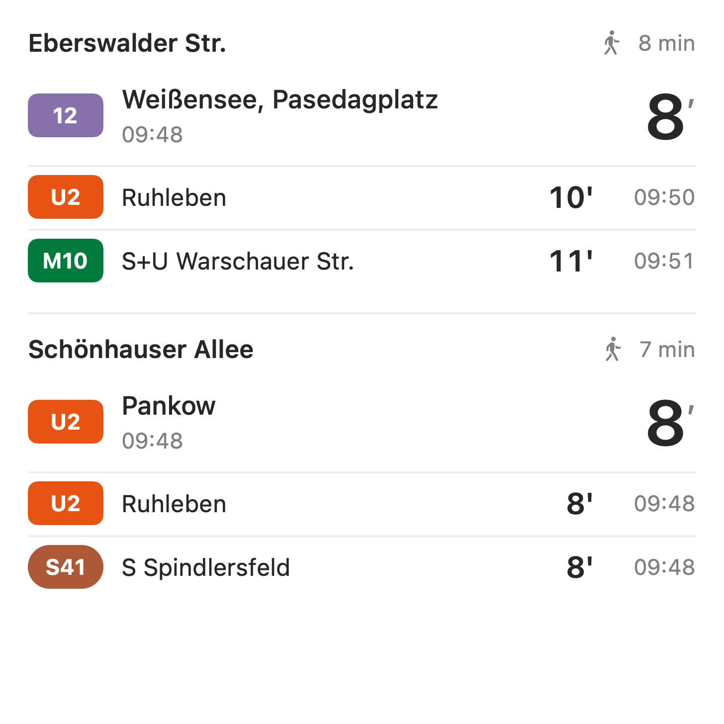 Large widget: Eberswalder Str. and Schönhauser Allee, with three departures from each stop.