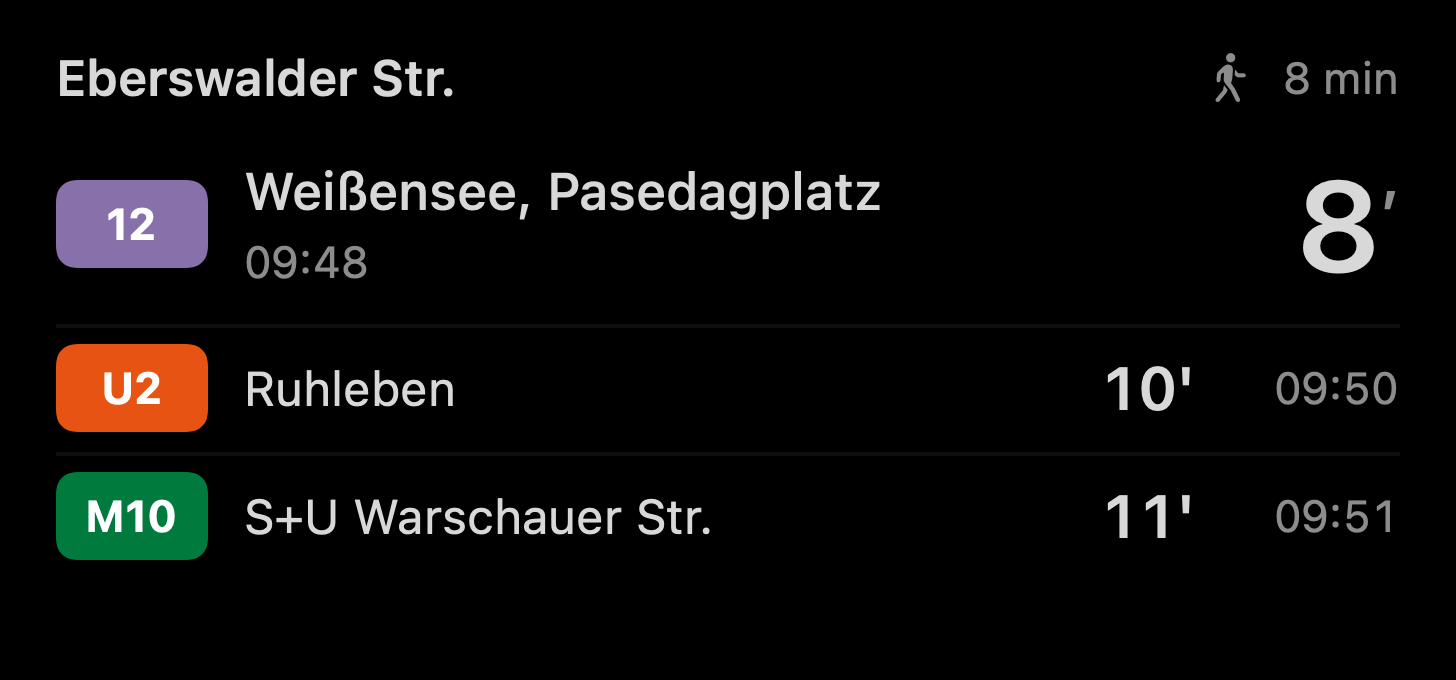 Dark medium widget: Eberswalder Str., an eight-minute walk, with the next departure in eight minutes and two more beneath.